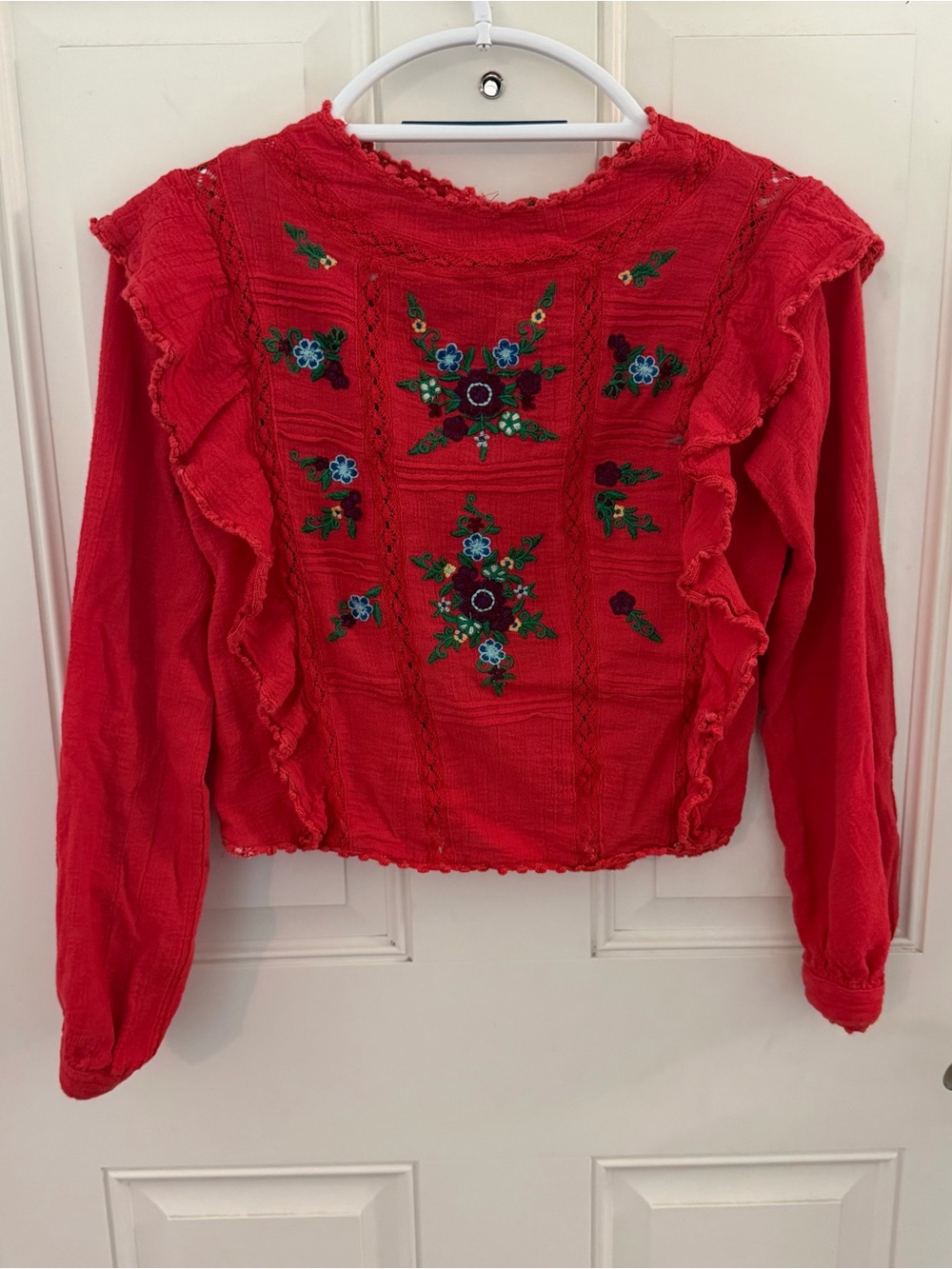 Free People Amy Embroidered Floral Blouse XS | Red Boho Ruffle